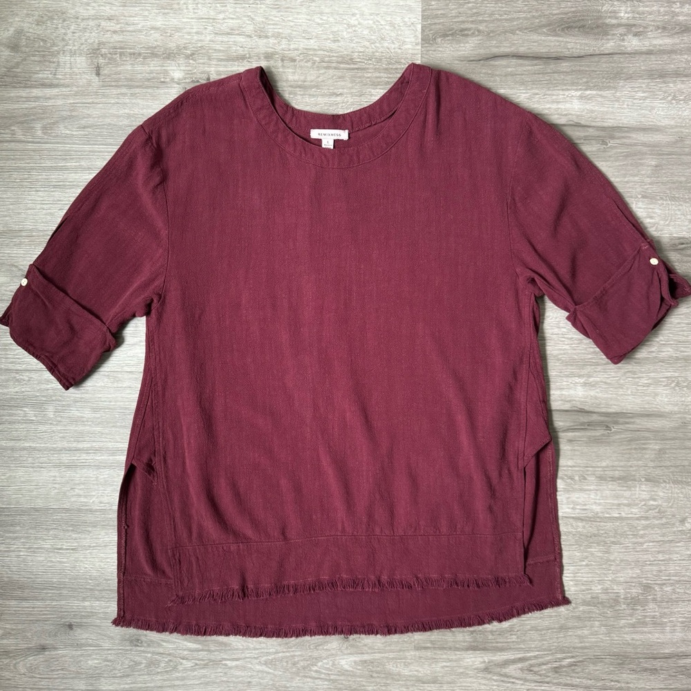 Linen Blend Maroon Fringe Top